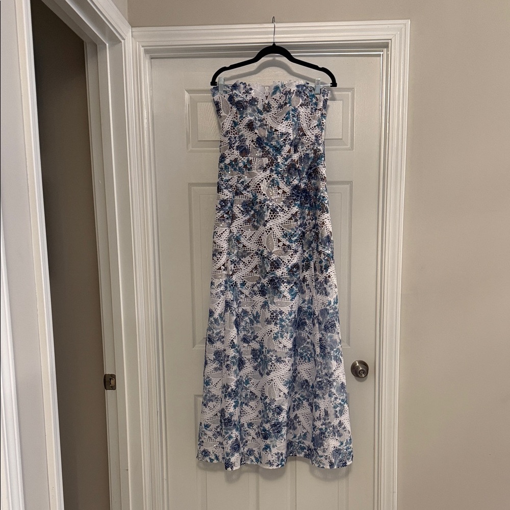 Elliatt Floral Lace Maxi Dress in Blue and White